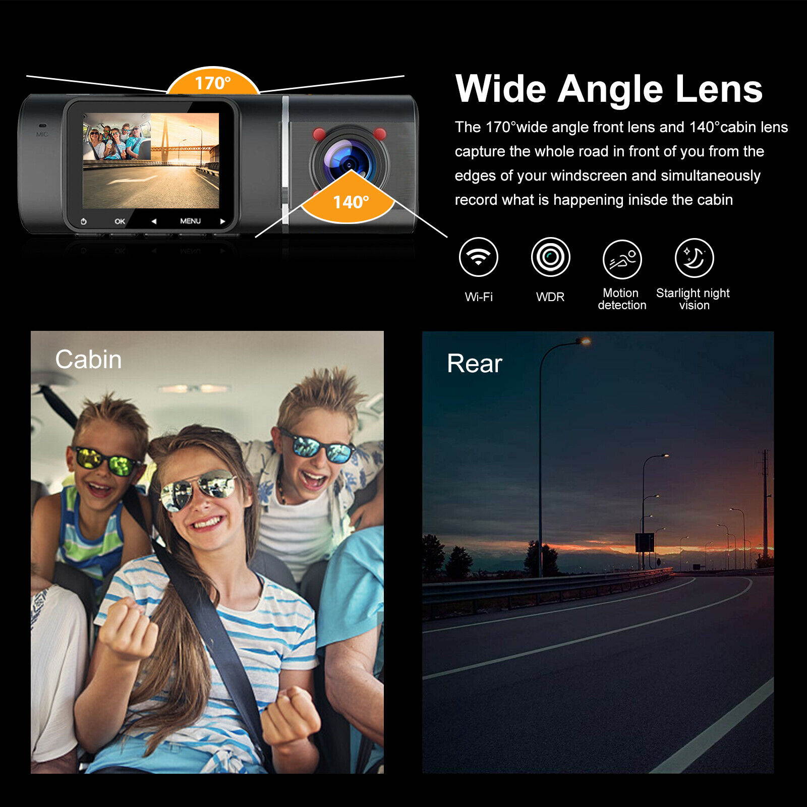 Dual Lens Front  Inside Camera HD Car DVR Dash Cam Video Recorder Night Vision