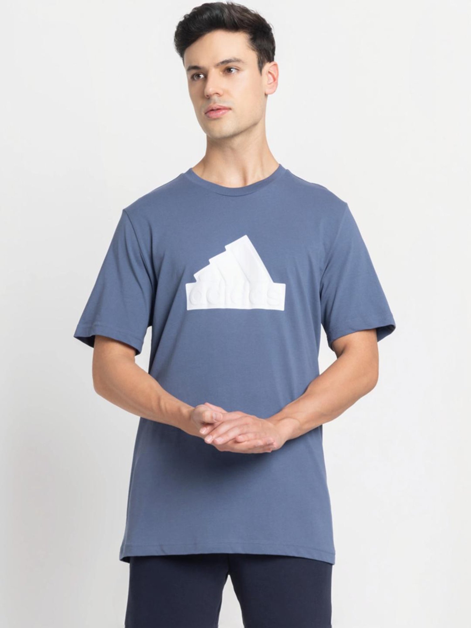 Adidas Blue Cotton Regular Fit Logo Printed Sports T-Shirt