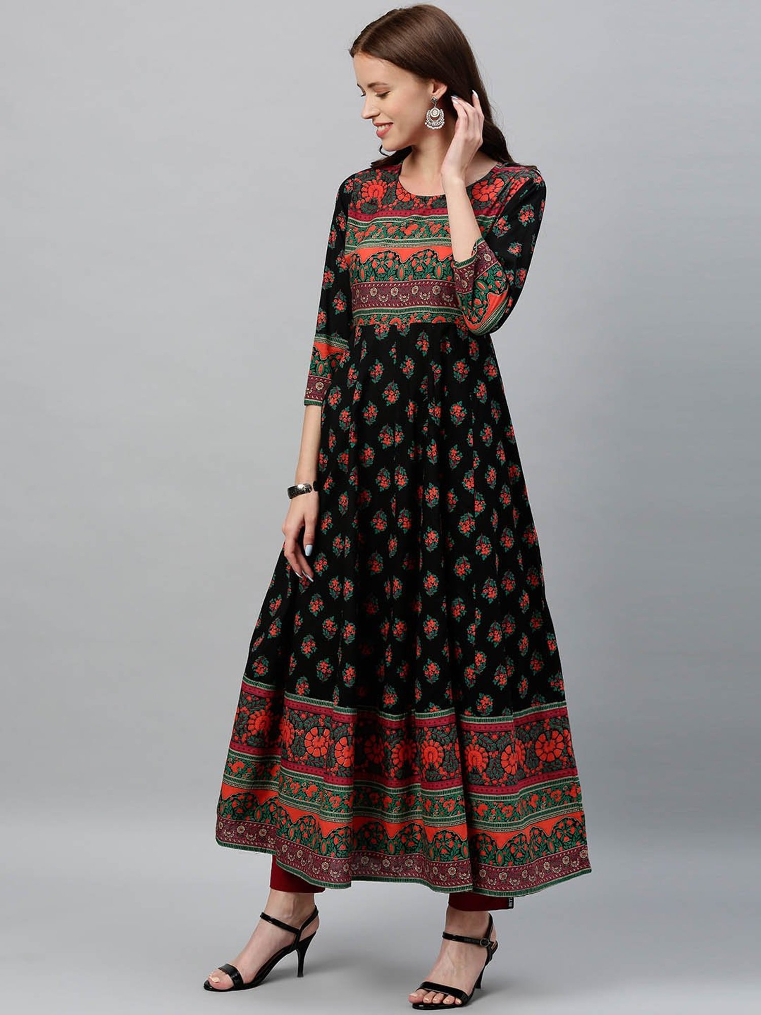 Kipek Black Cotton Printed Anarkali Kurta