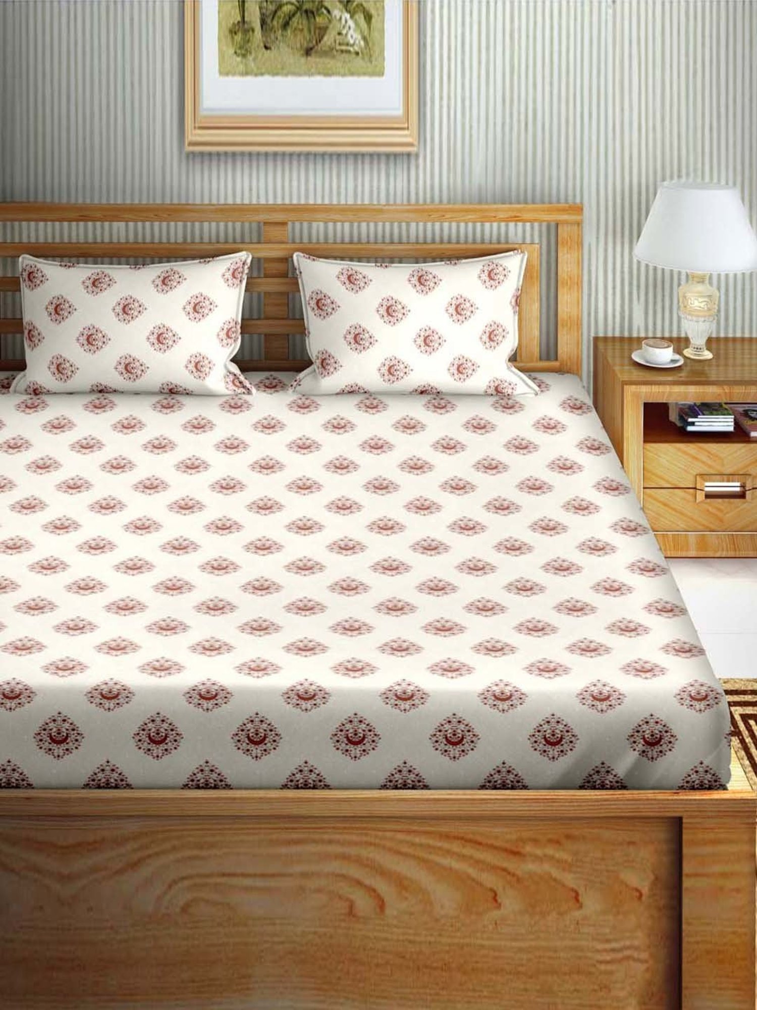 Bella Casa Stella Collection Orange Cotton 180 TC King Size Bedsheet with 2 Pillow Covers