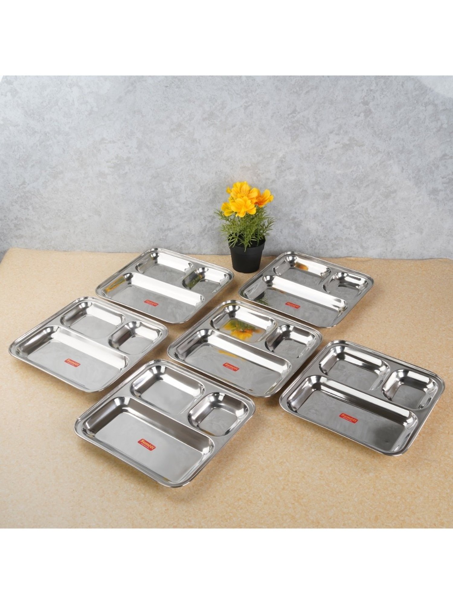 Sumeet S.S. 3 in 1 Idli Wada Compartment plate/Snack Plate/Breakfast Plate Set of 6Pcs, 21.7cm Dia,