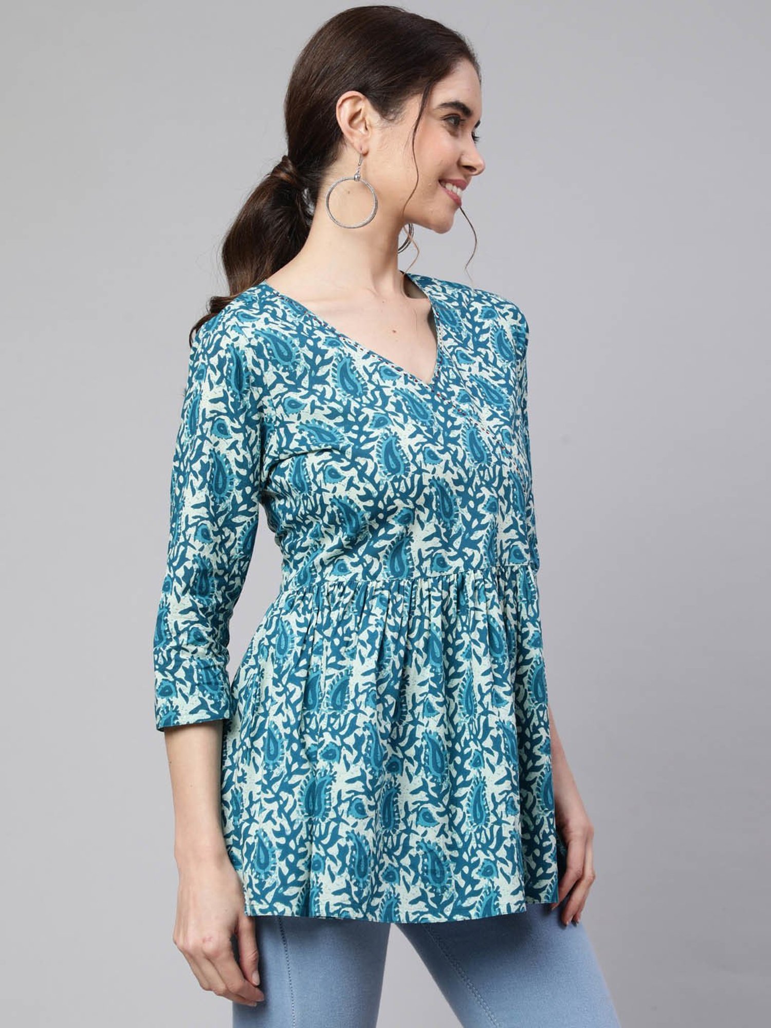 Jaipur Kurti Turquoise Printed Peplum Top
