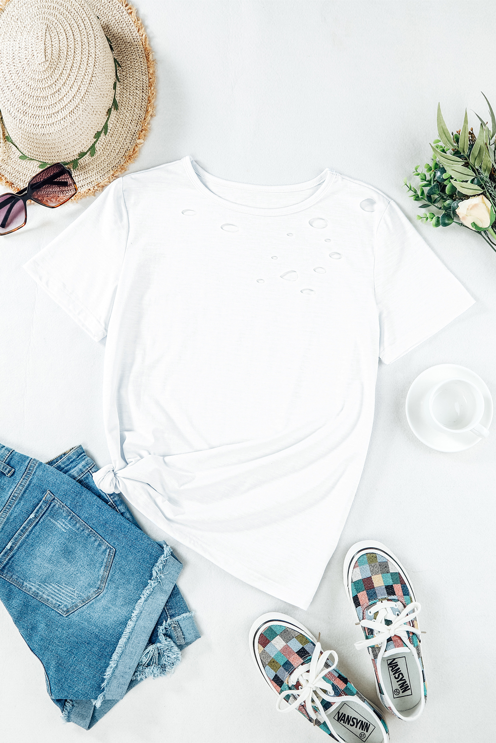 Blank T Shirt - White Distressed Short Sleeve Summer Plain T-Shirt Customized