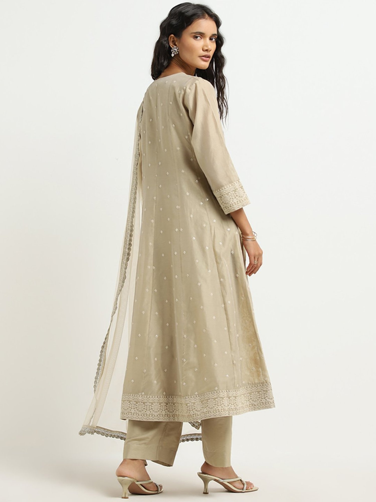 Vark by Westside Beige Embroidered A-Line Kurta, Pants and Dupatta Set