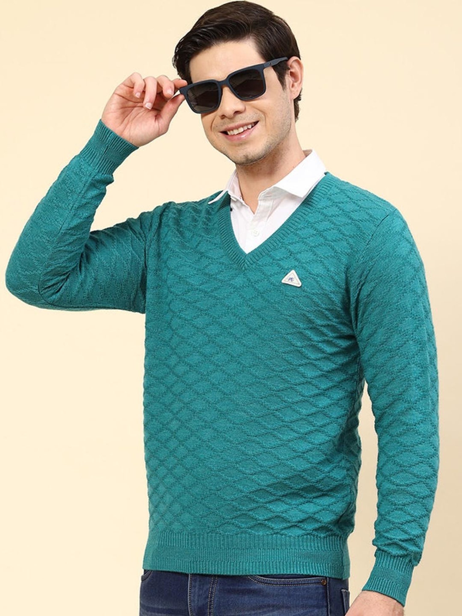 Monte Carlo Sea Green Regular Fit Self Pattern Pullover