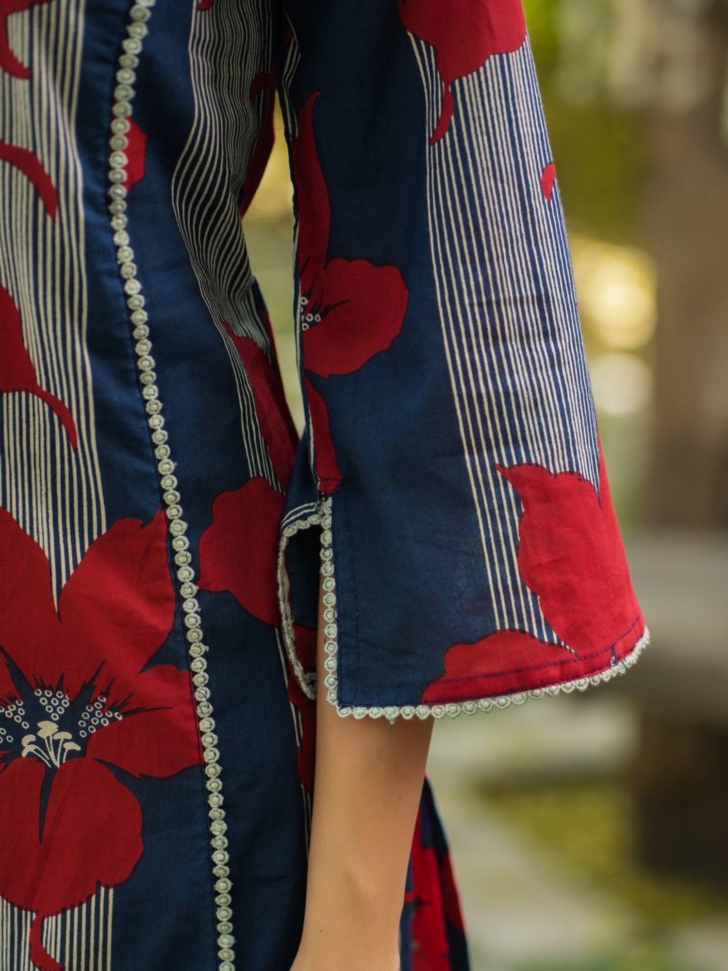 Rain and Rainbow Blue & Red Cotton Floral Print A Line Kurta