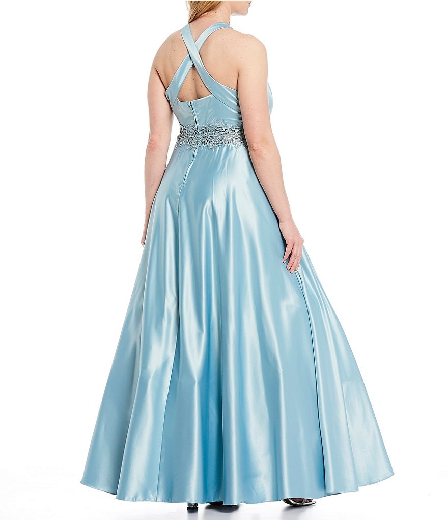 City Vibe Plus Sleeveless Round-Neck Embroidered Waist Satin Ball Gown