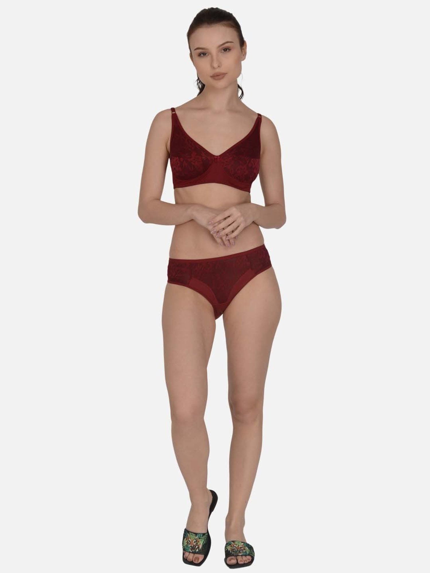 mod & shy Maroon Self Pattern Non-Padded Lingerie Set