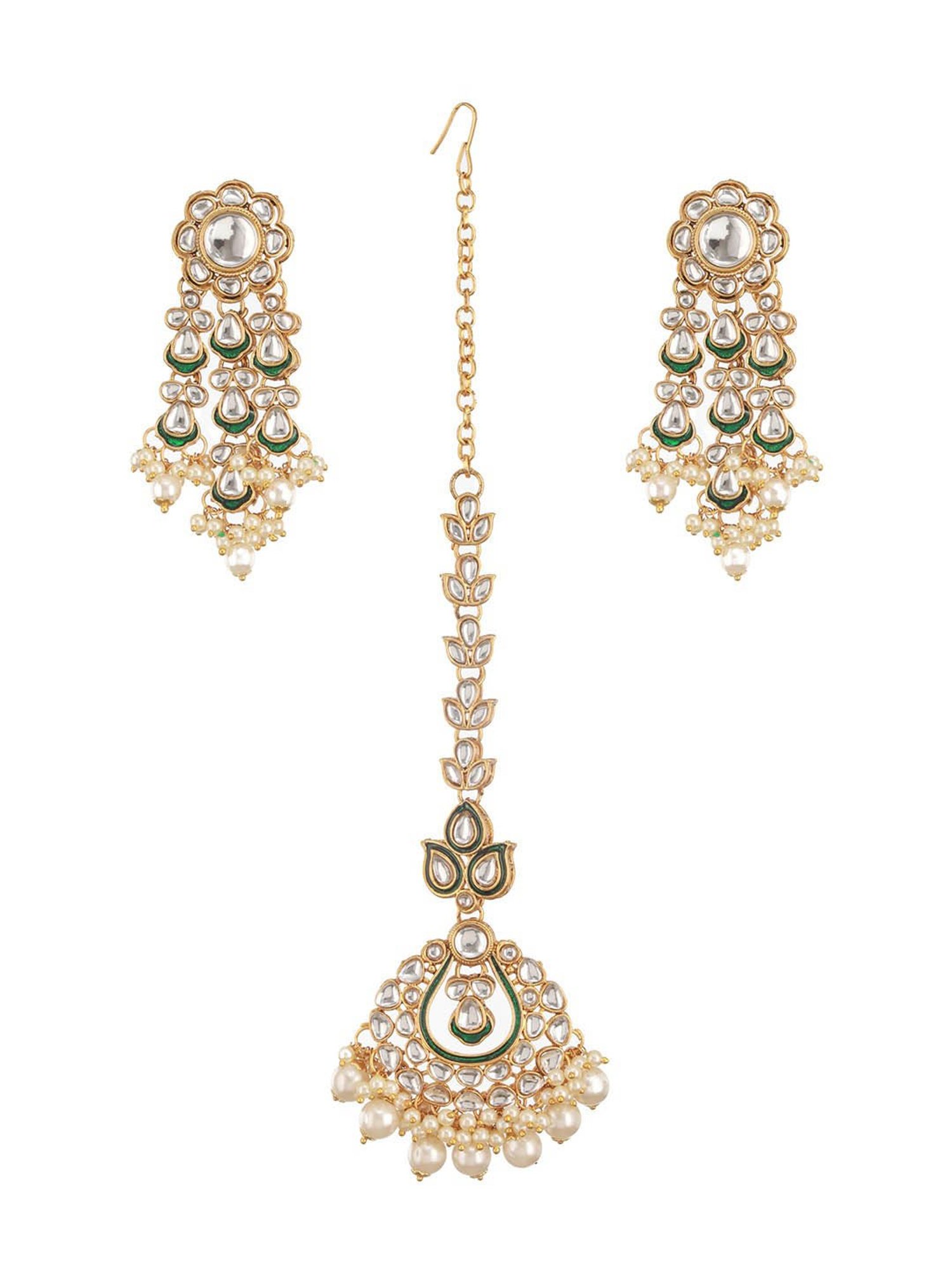 Aatmana Gold-Toned & Kundan & Pearl Studded Green Enamelled Maang Tikka with Earring Set for Women