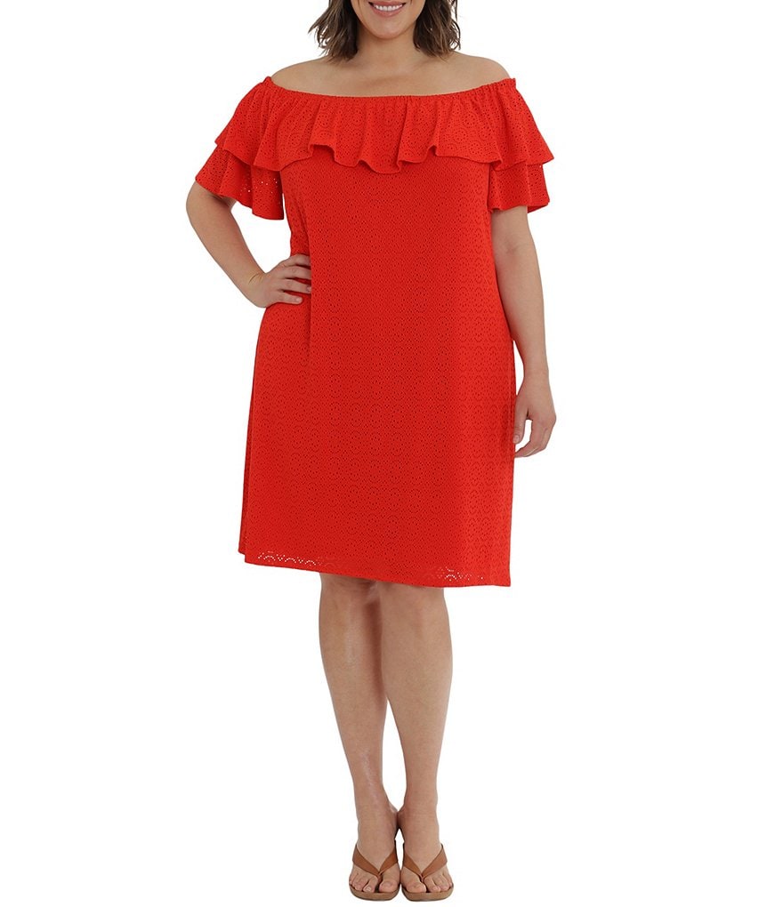 London Times Plus Size Off-the-Shoulder Short Sleeve Eyelet Shift Dress