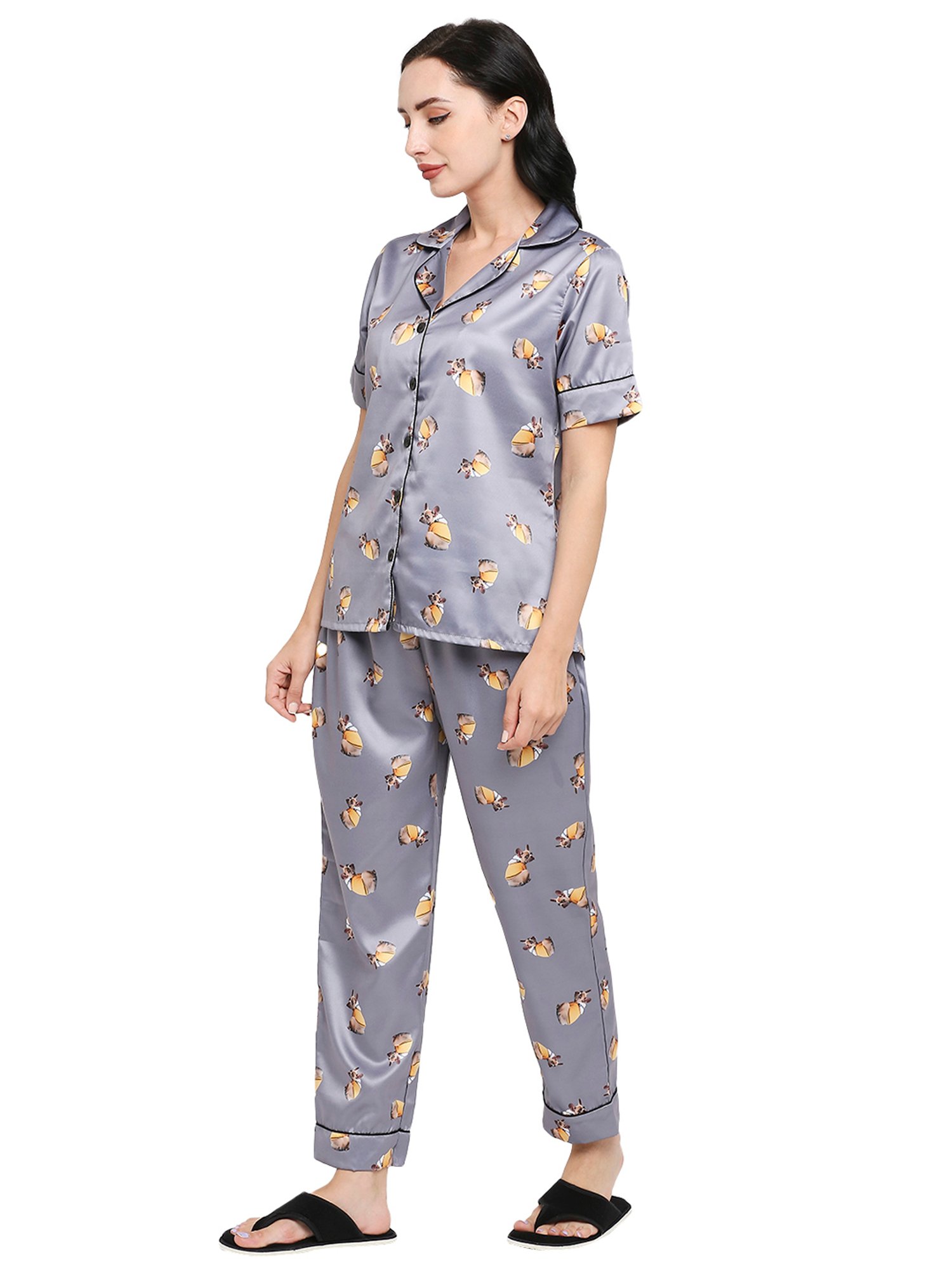 Smarty Pants Grey Satin Animal Print Shirt With Pyjamas