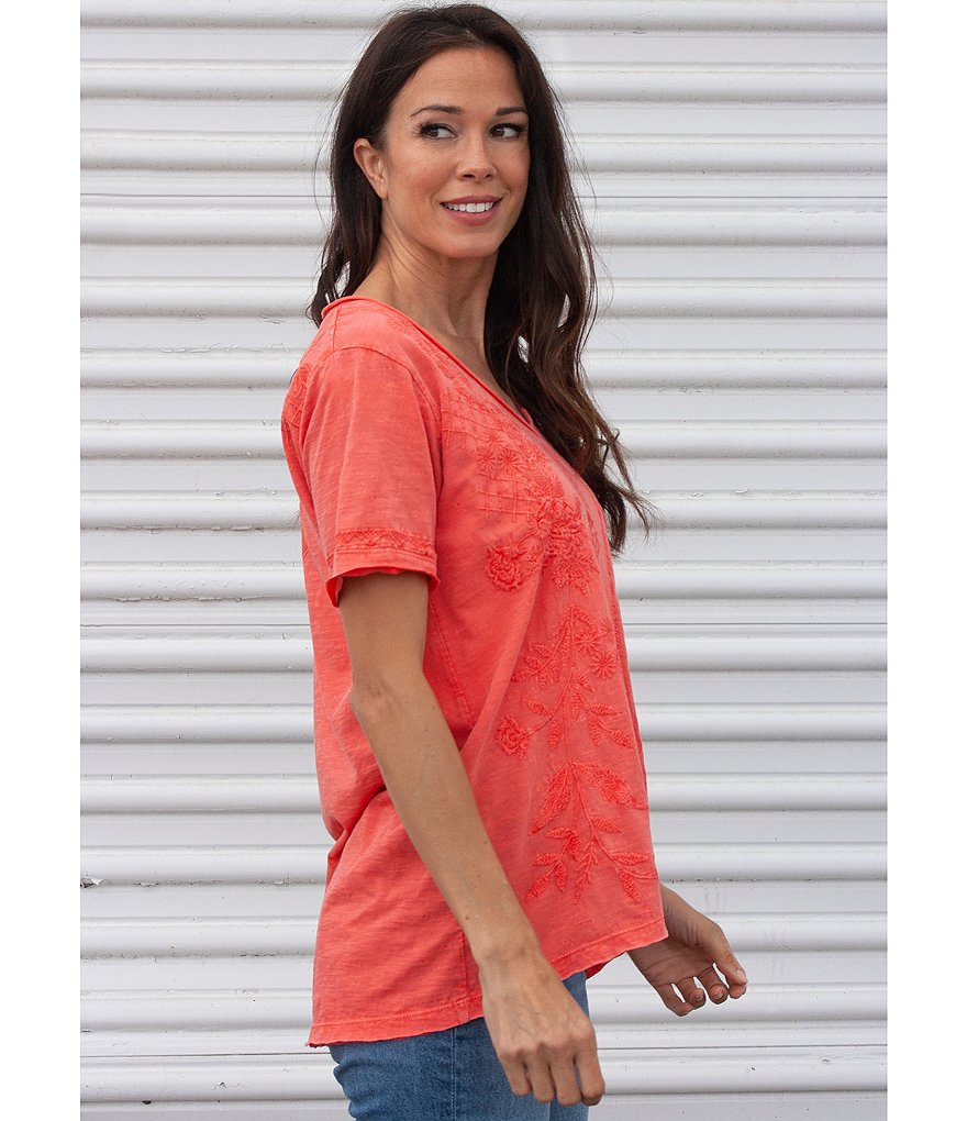 Karyn Seo Dolly V-Neck Tonal Embroidered Cotton T-Shirt