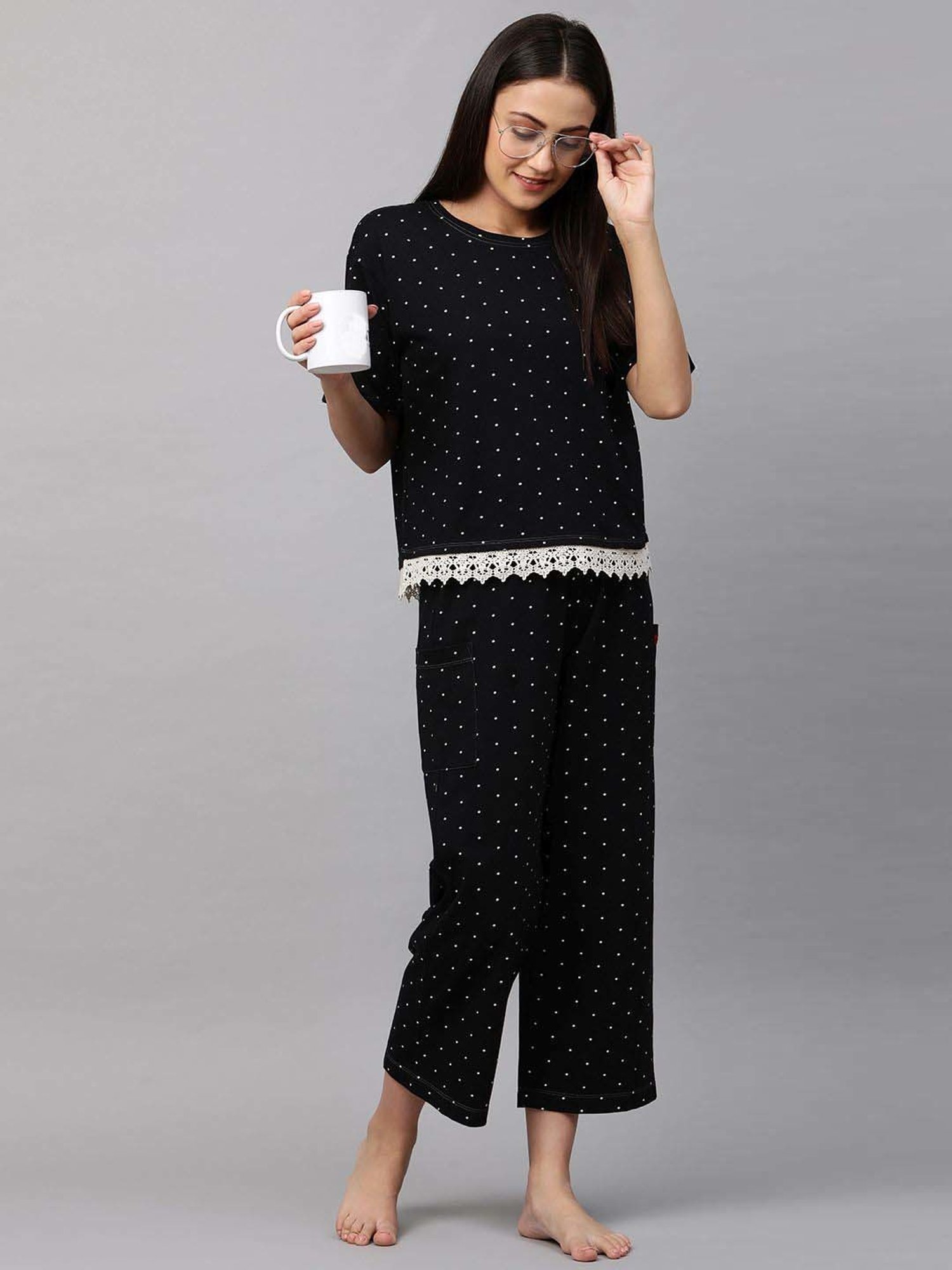 Chemistry Black Cotton Printed T-Shirts Pyjama Set