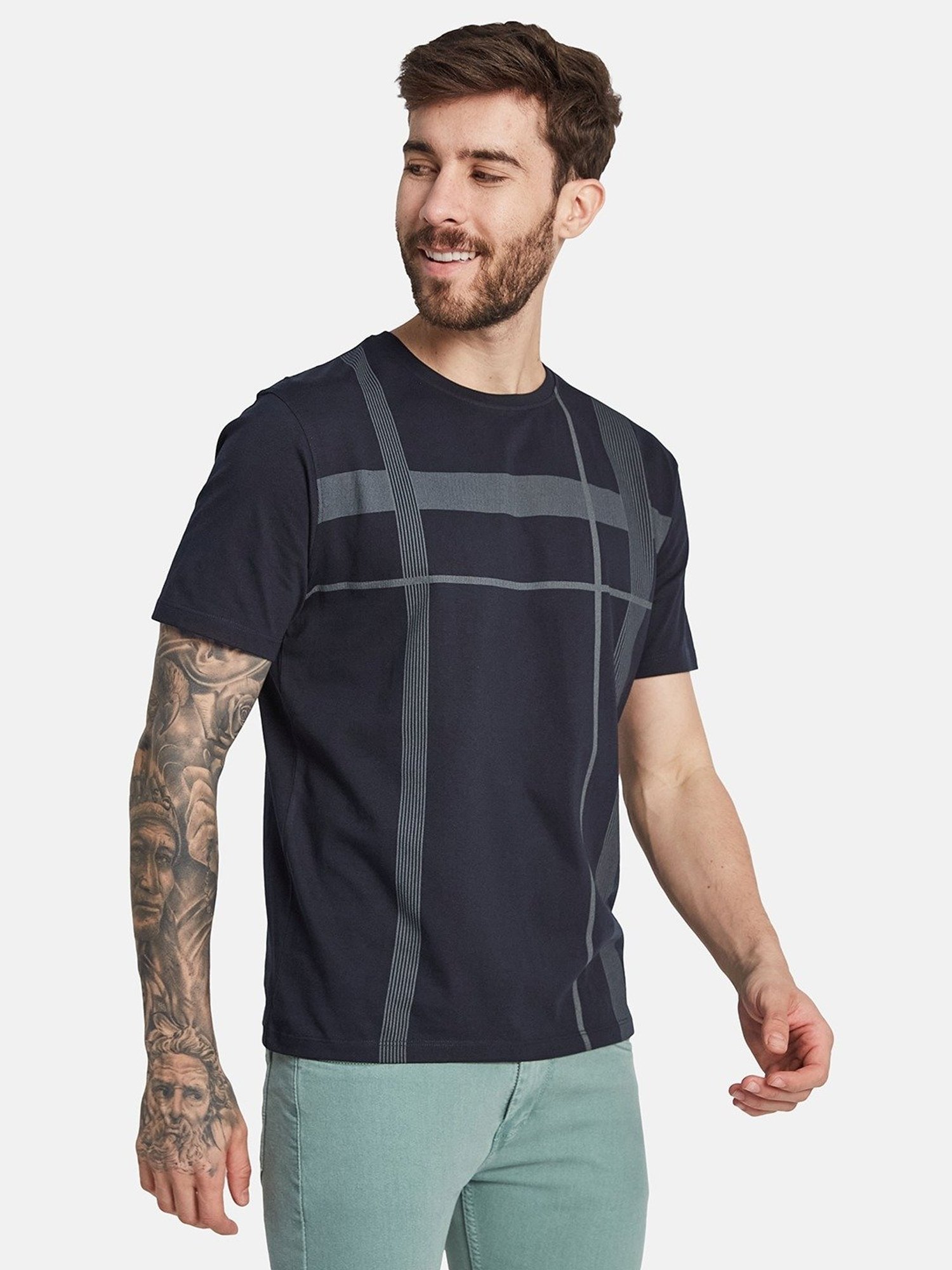 Octave Dark Navy Cotton Regular Fit Striped T-Shirt