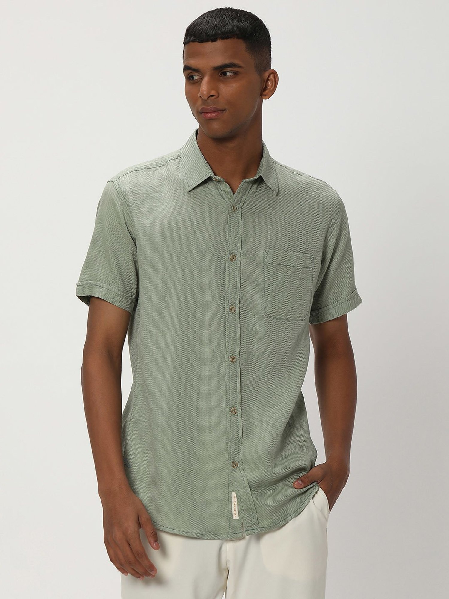 Mufti Light Olive Slim Fit Textured Cotton Linen Shirt