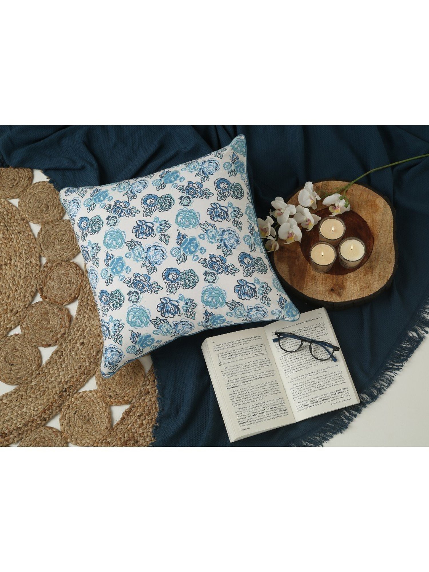 Spaces Spun Floral Blue Cotton Cushion Cover