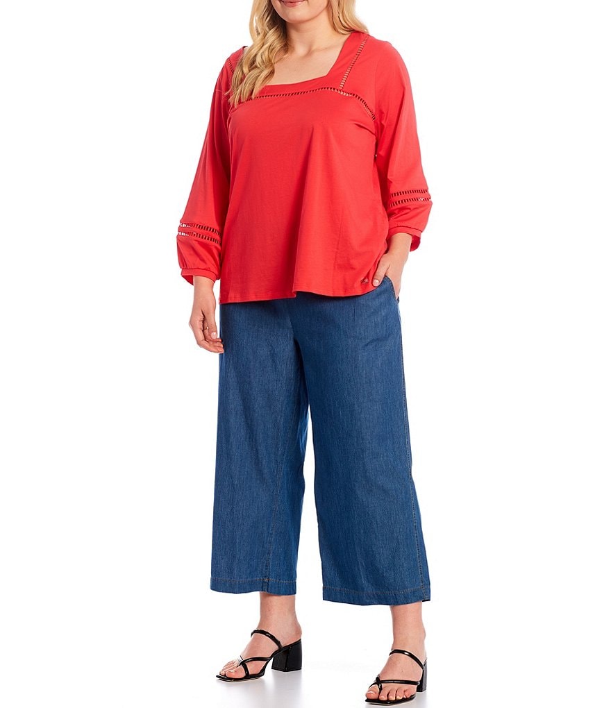 I.N. Studio Plus Size Denim Pull-On Wide-Leg Sash Belted Crop Denim Pants