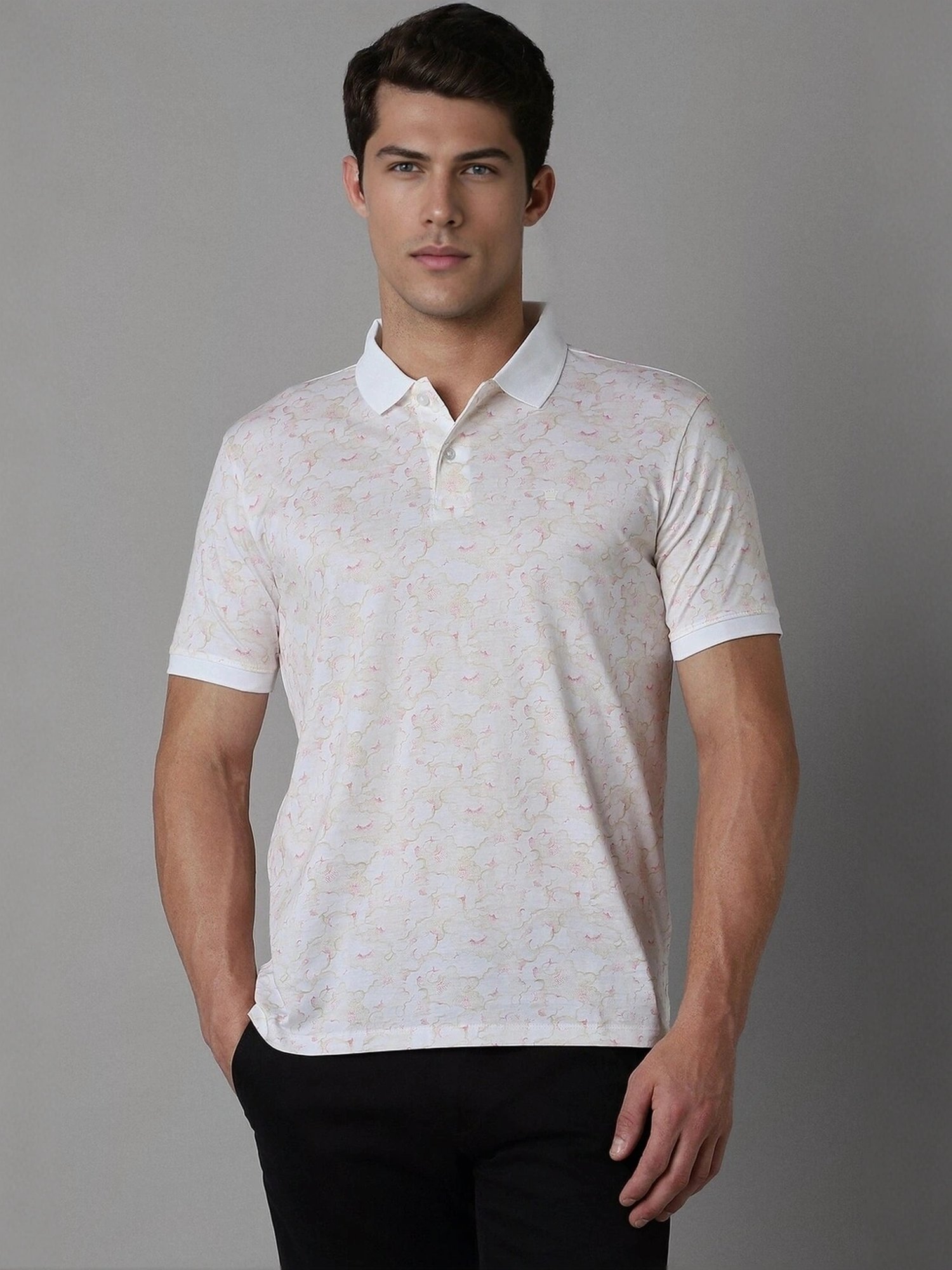 Louis Philippe White Cotton Regular Fit Printed Polo T-Shirt