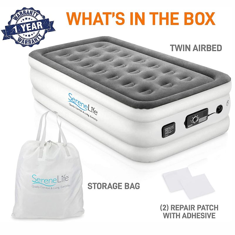 SereneLife Twin Size Inflatable Premium Airbed Flocked PVC Mattress for Travel and Camping with Internal AC Pump, Storage Bag, and 2 Repair Patches