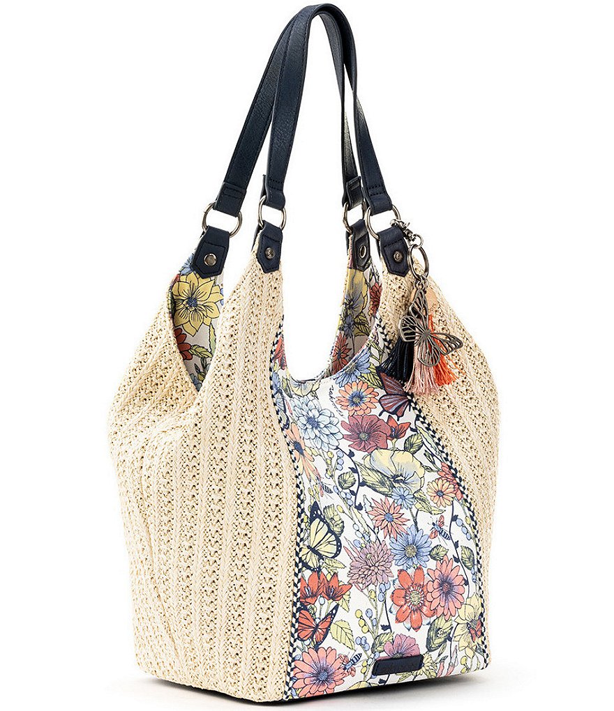 Sakroots Roma Straw Canvas Snap Floral Hobo Tassel Bag