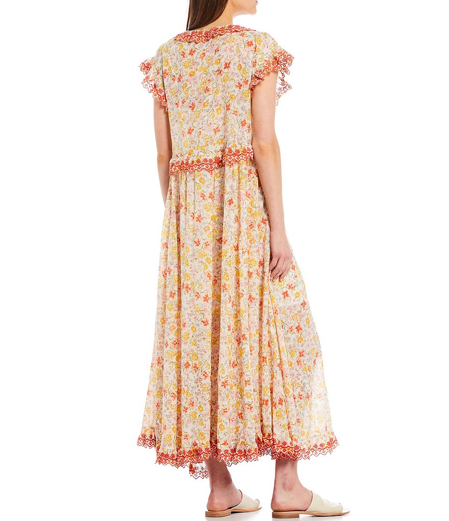 Free People Milania Floral Print V-Neck Cap Sleeve Maxi Dress
