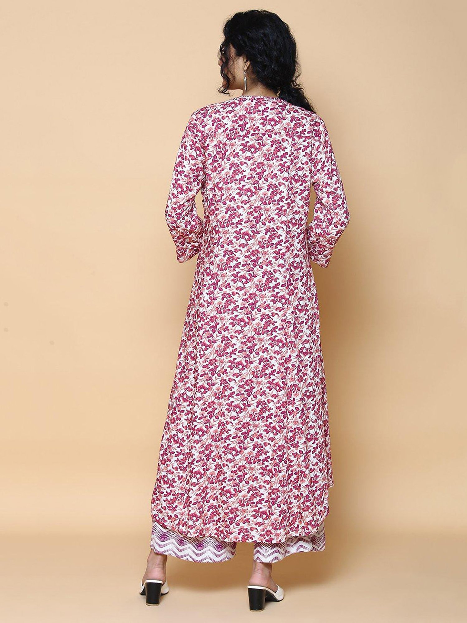 Biba White & Magenta Printed Kurta & Palazzo Set