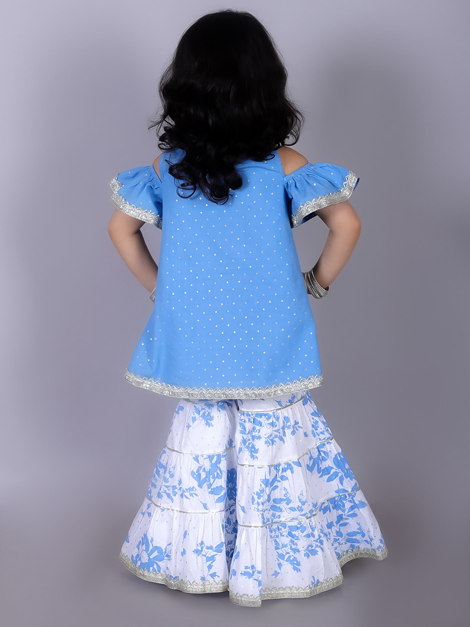 Lil Drama Kids Blue & White Embroidered Kurta with Gharara