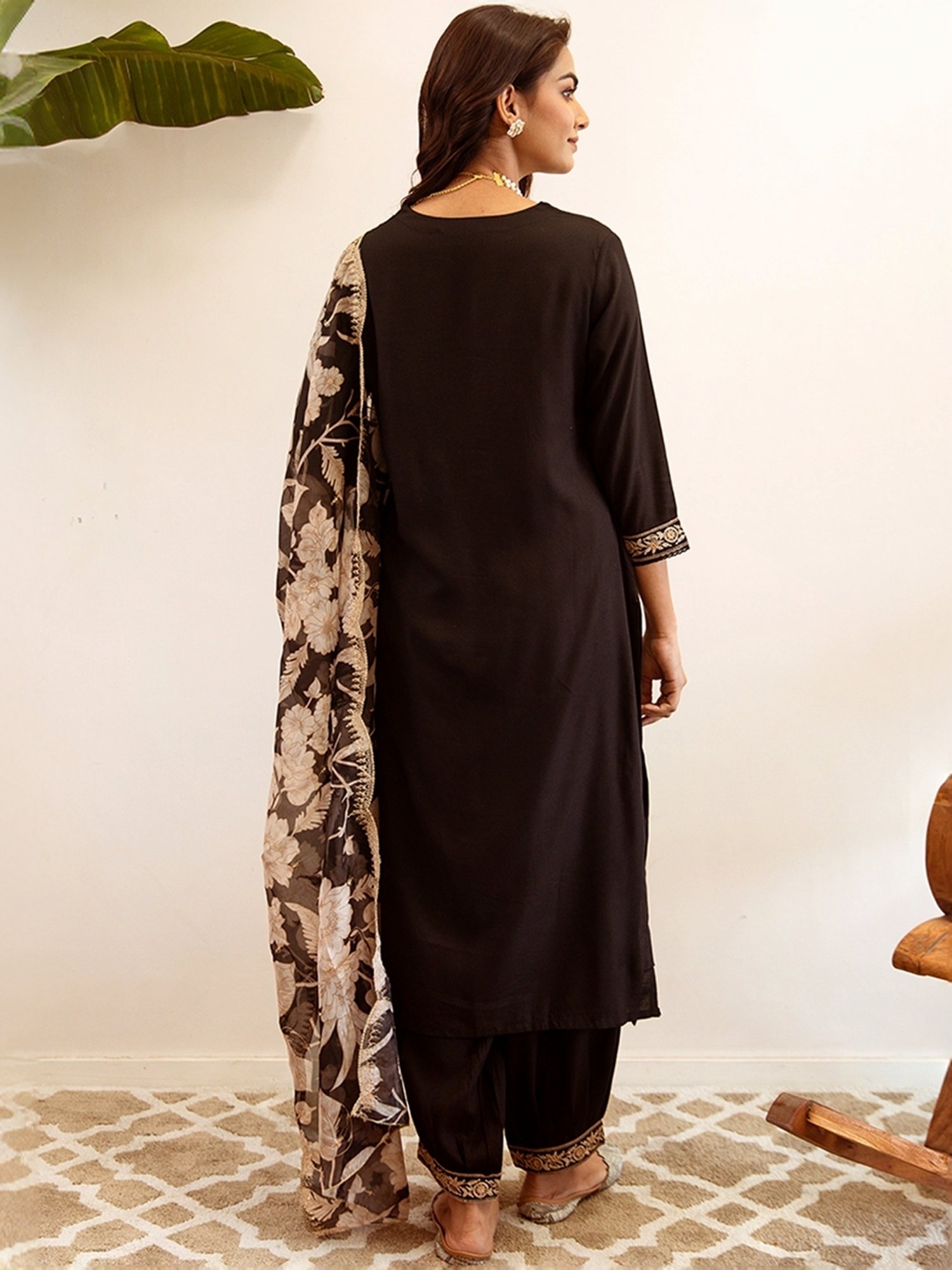 Indo Era Black Embroidered Kurta Salwar Set With Dupatta