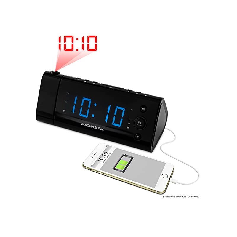 USB Charging Alarm Clock Radio with Time Projection Battery Backup Auto Time Set Dual Alarm 12 LED Display for Smartphones Tablets EAAC475