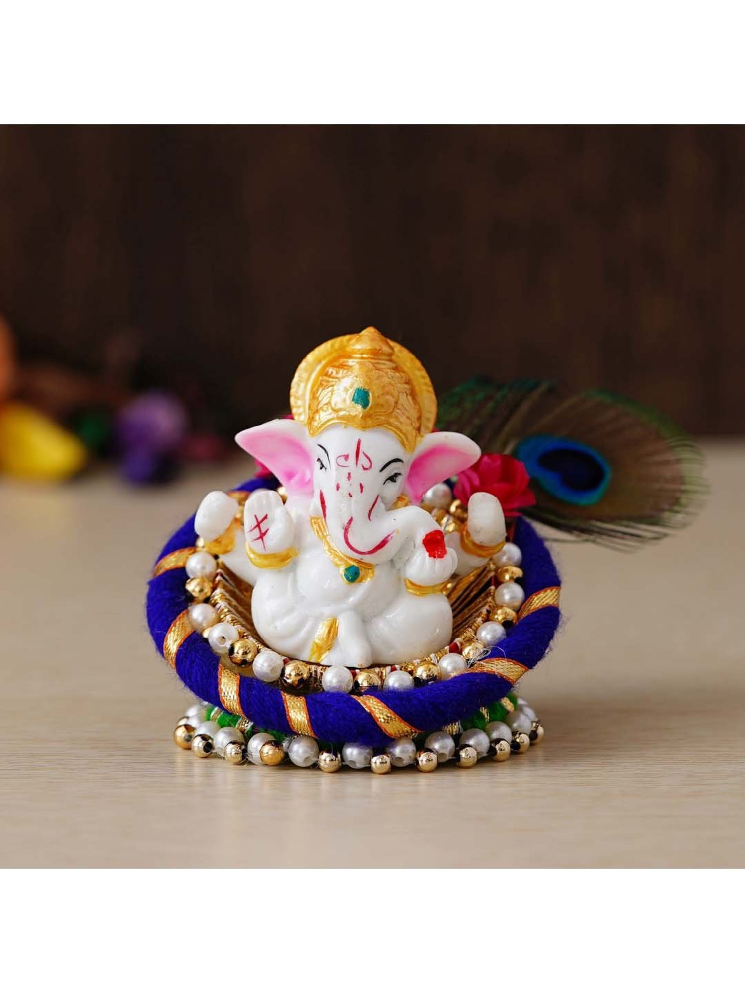 eCraftIndia Lord Ganesha Idol on Decorative Handcrafted Floral Plate for Home and Car