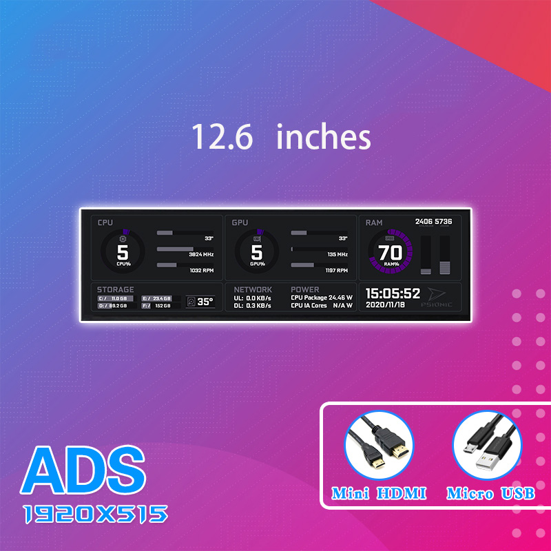 CORN Secondary Screen, AIDA64 Data Monitoring for Computer Monitoring LCD Display - 320mm x 100mm x 13mm(12.6"), 1920 x 515, ADS Screen, 60Hz Refresh Rate, 67% Color Gamut
