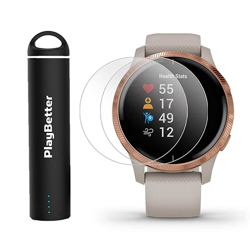 Garmin Venu (Light Sand/Rose Gold) Power Bundle | +HD Screen Protectors (x4) &  Portable Charger | AMOLED Display, Spotify | Fitness GPS Smartwatch
