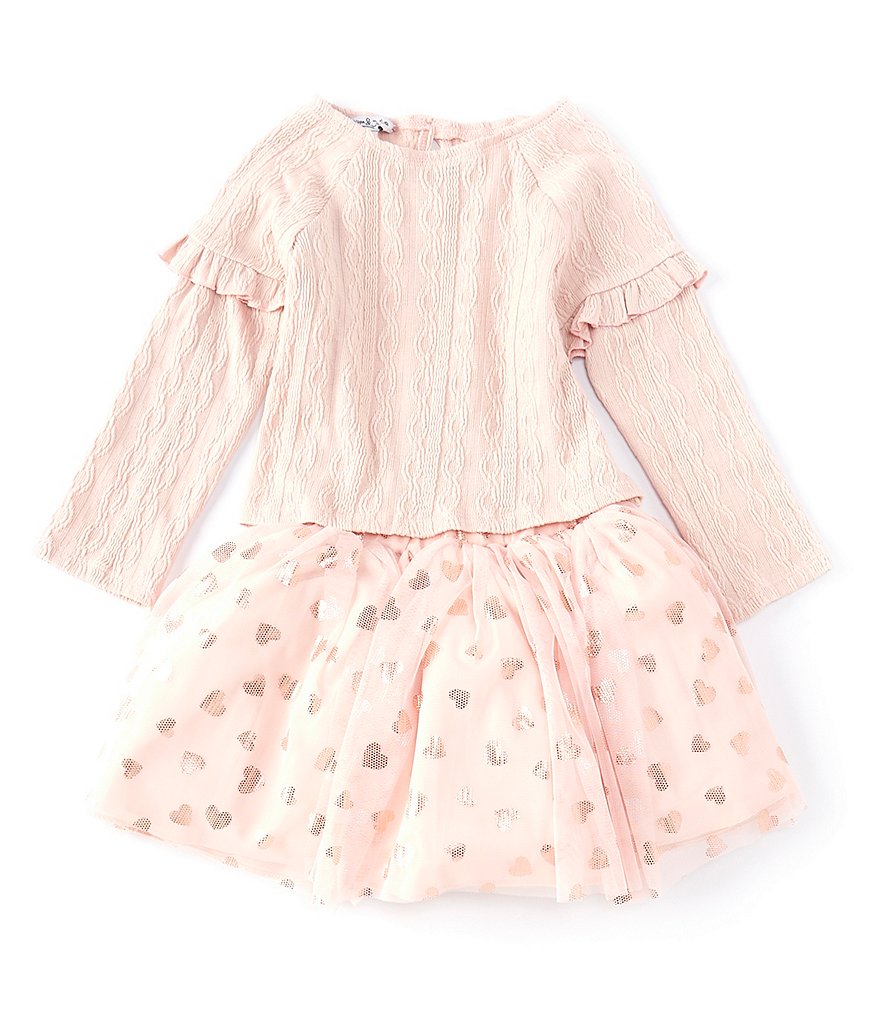 Pippa & Julie Little Girls 2T-6X Ruffle Long-Sleeve Cable Knit Embossed Top With Mesh Tutu Skirt Set