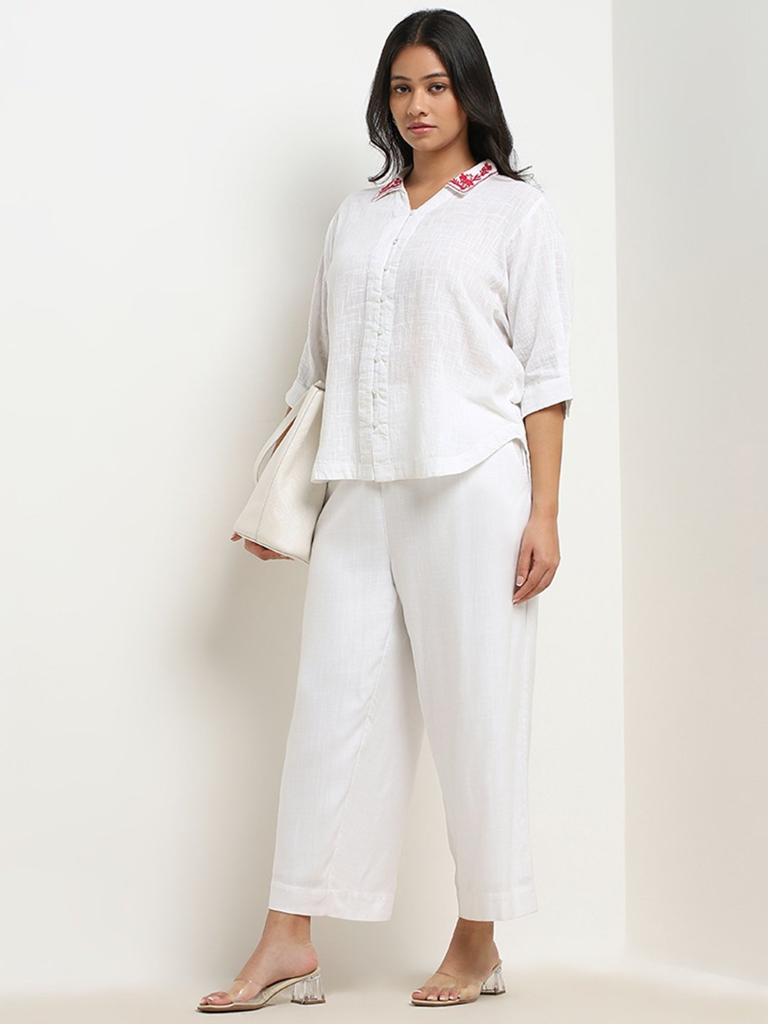 Gia by Westside White Floral Embroidered High-Low Cotton Blouse