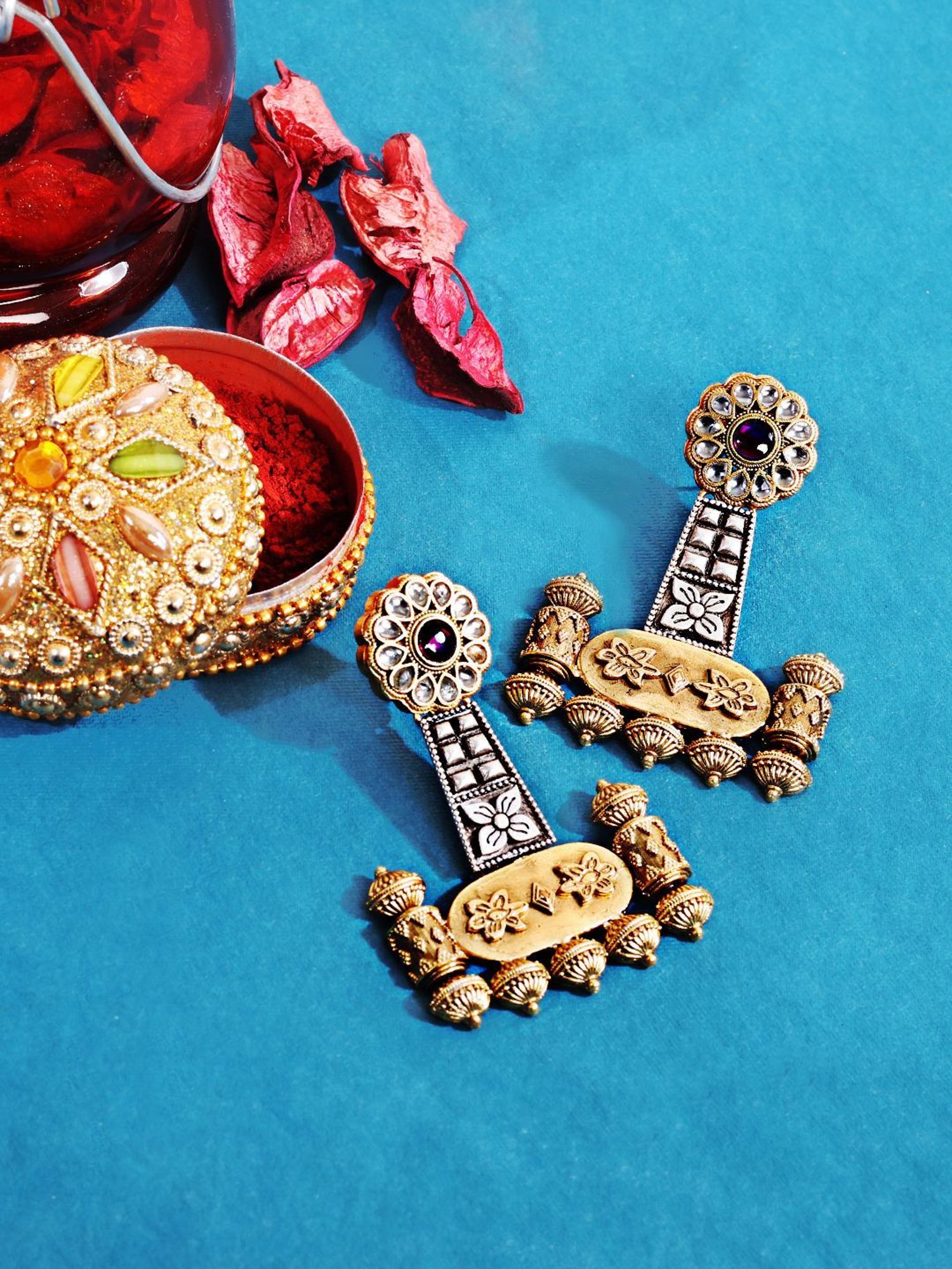 Abdesigns Geometric Oxidised Silver Plated Two Tone Earrings