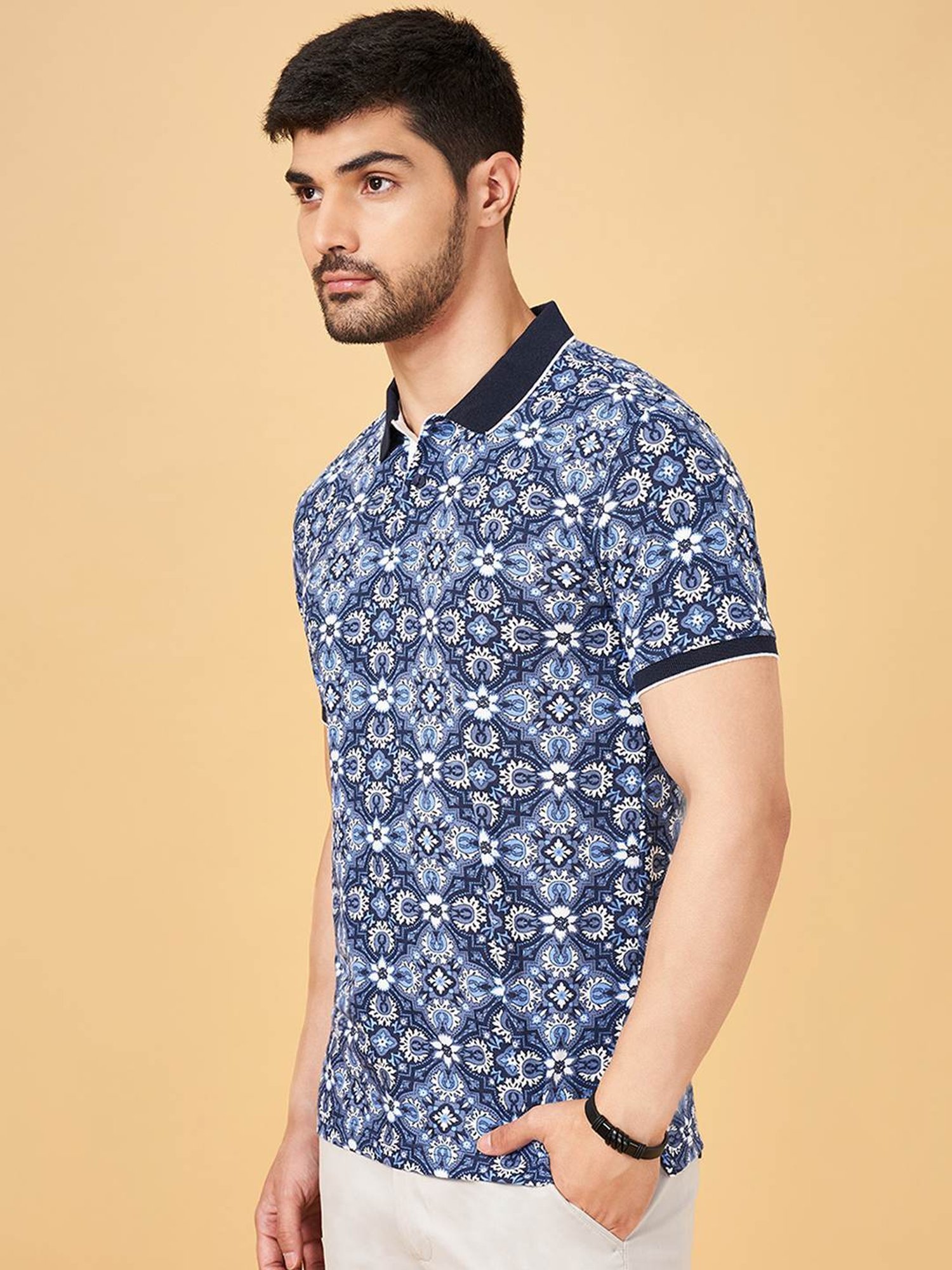 Byford By Pantaloons Navy Slim Fit Printed Polo T-Shirt