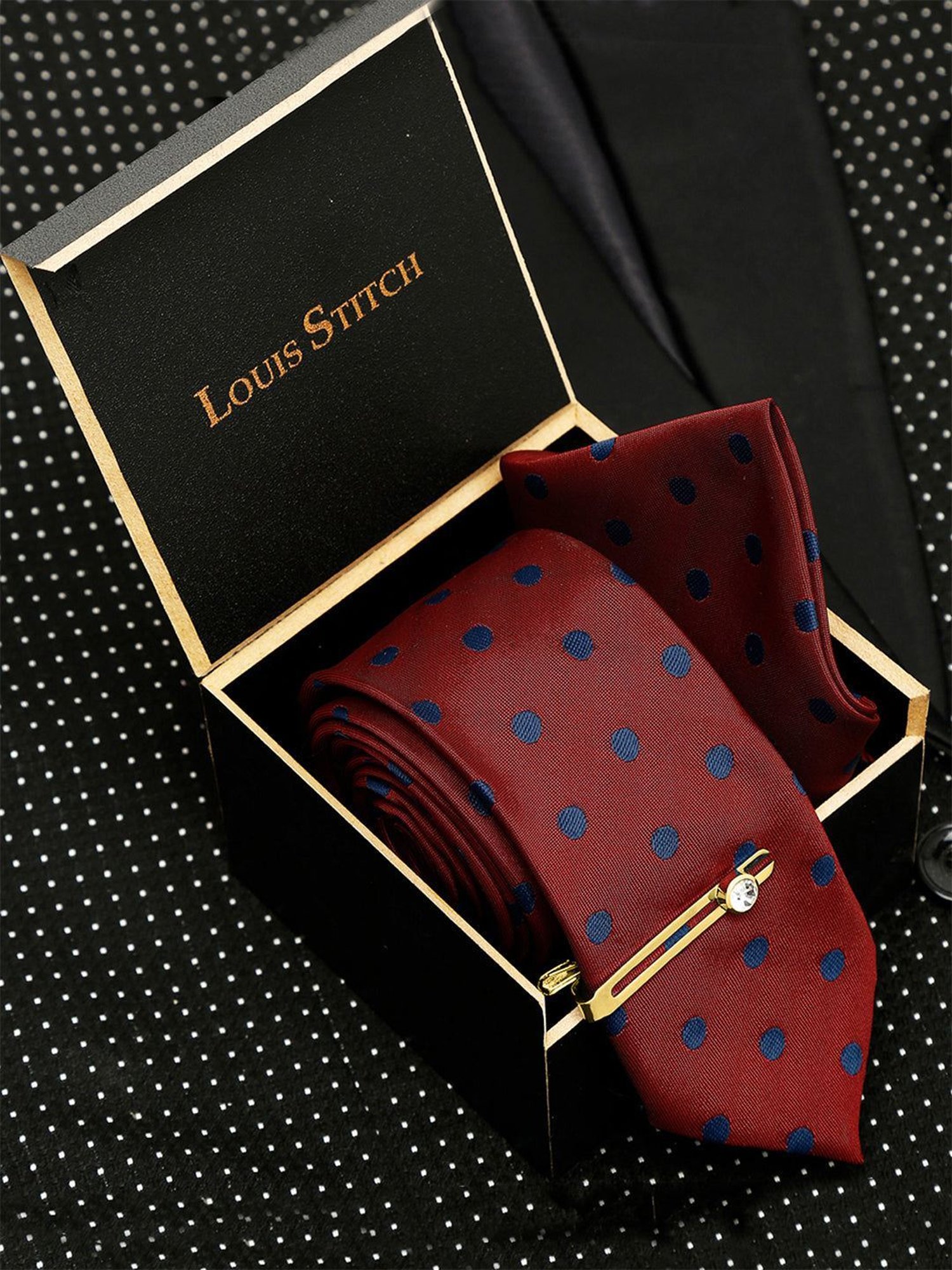 Louis Stitch Maroon Printed Necktie Gift Set - Set of 3
