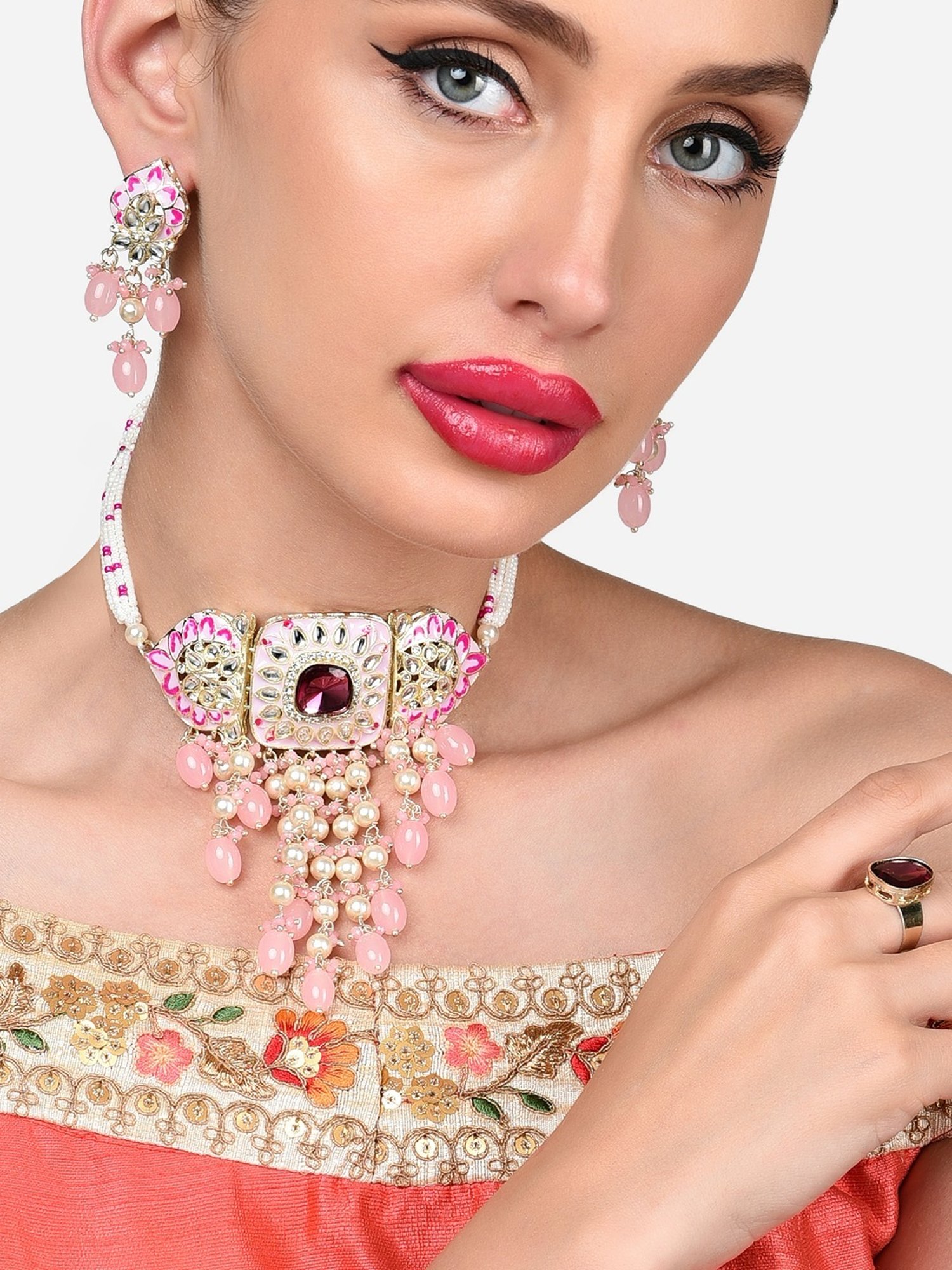 Zaveri Pearls Pink Meenakari Cascading Waterfall Choker Necklace Earring & Ring Set-ZPFK15895