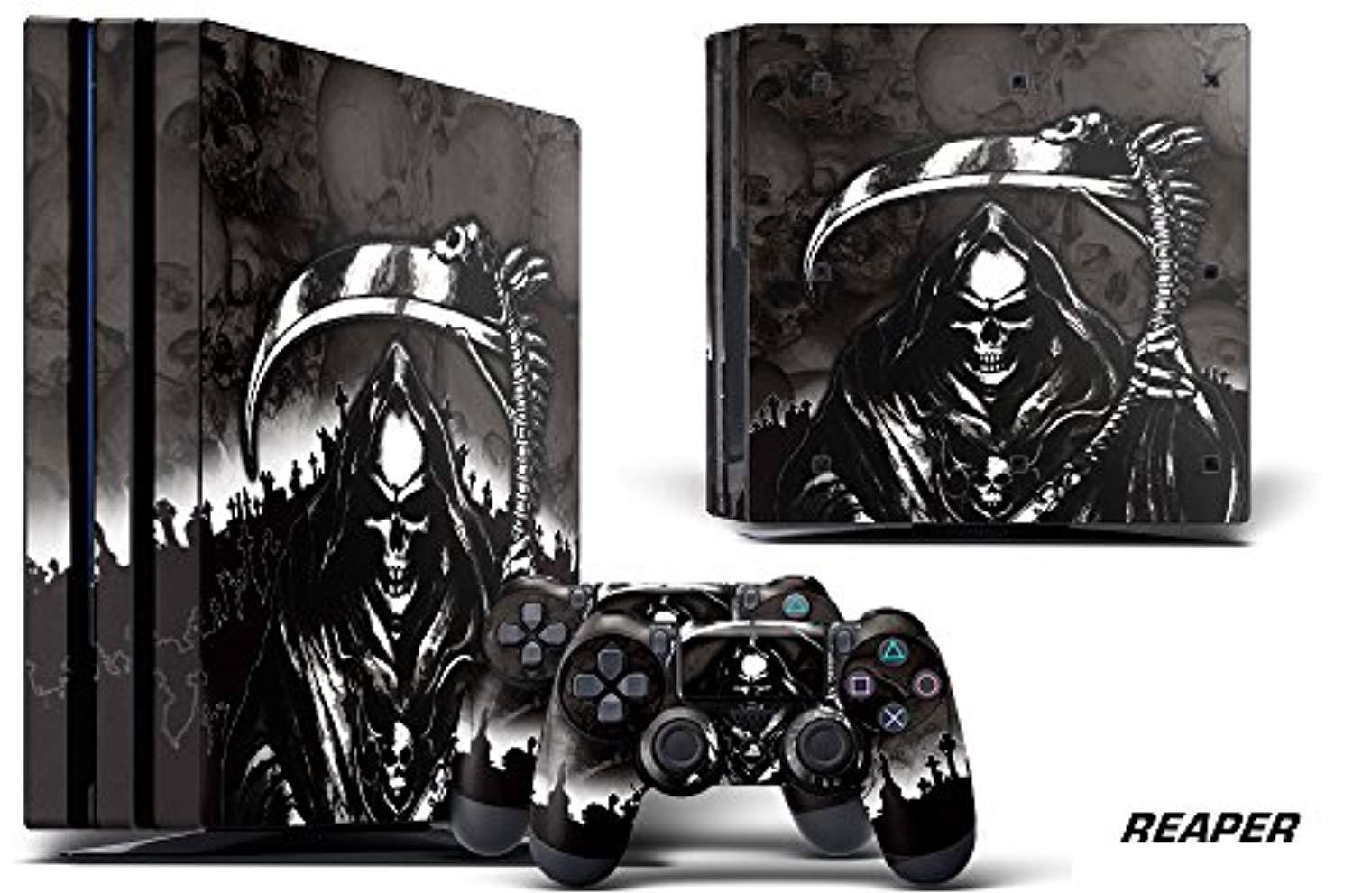247skins designer decal for playstation 4 pro system plus two (2) decals for ps4 dualshock controller - reaper black
