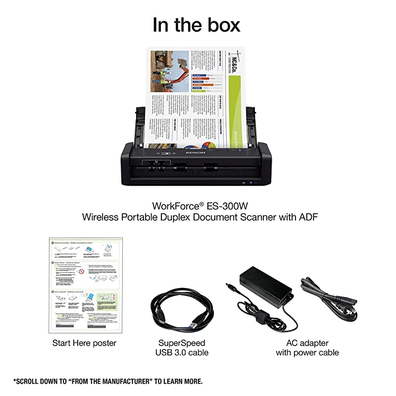 WorkForce ES-300W Wireless Color Portable Document Scanner with ADF for PC and Mac, Sheet-fed and Duplex Scanning