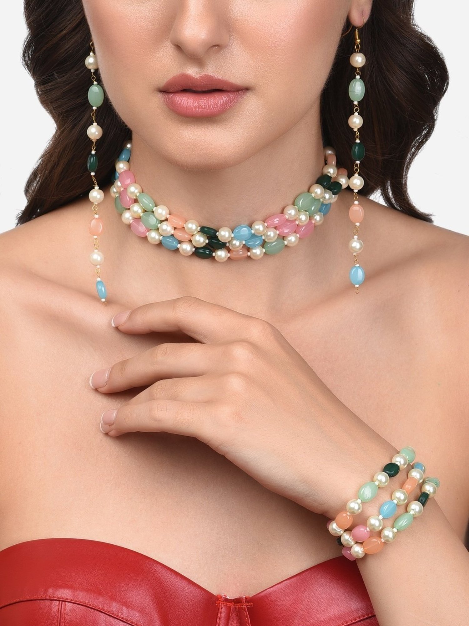 Zaveri Pearls Multicolor Multi Strands Beaded Choker Necklace Earring & Bracelet Set-ZPFK13761