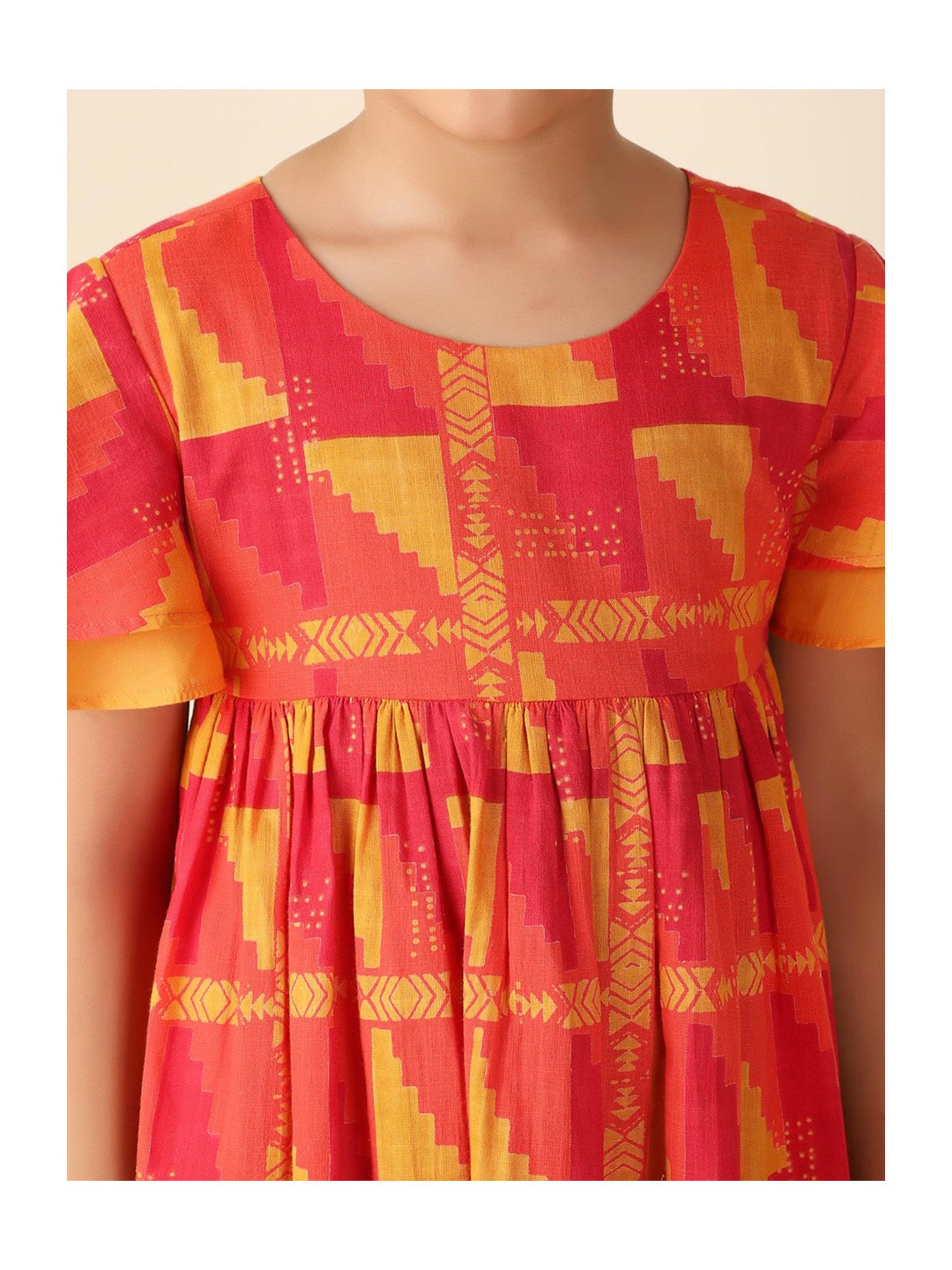 Fabindia Kids Red & Yellow Printed Dress
