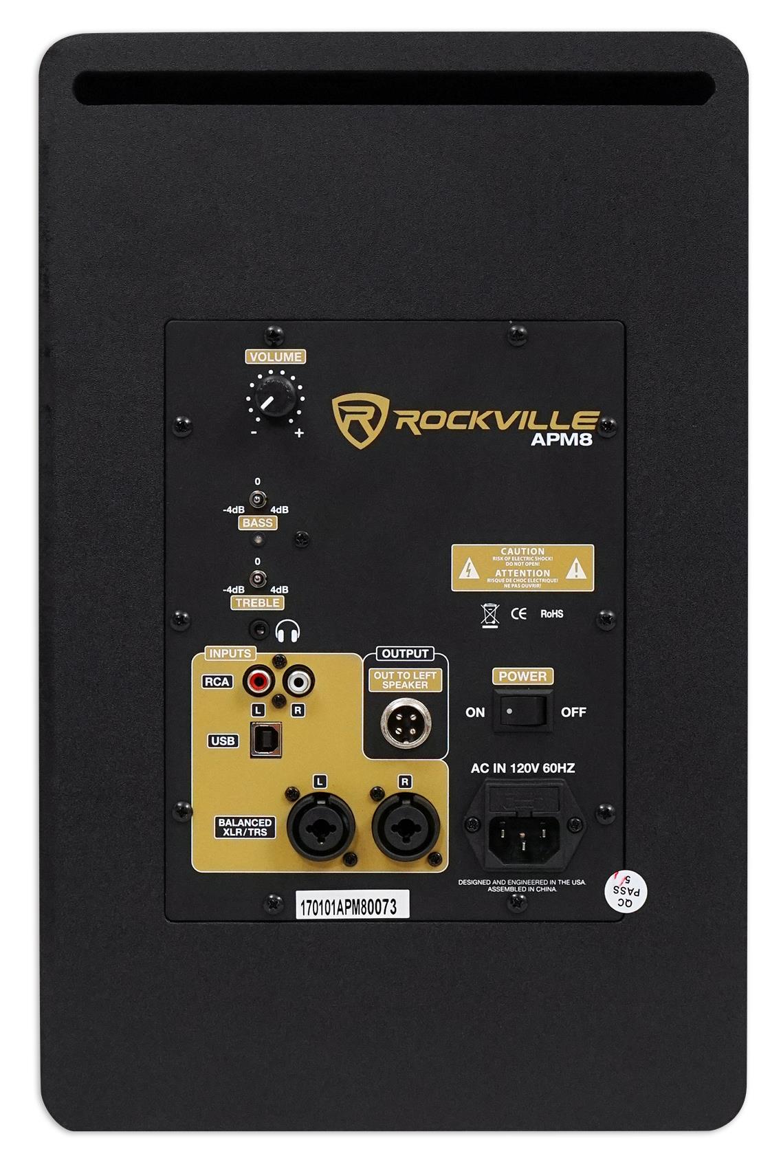 Rockville APM8C 8" 2-Way 500W Active/Powered USB Studio Monitor Speakers Pair