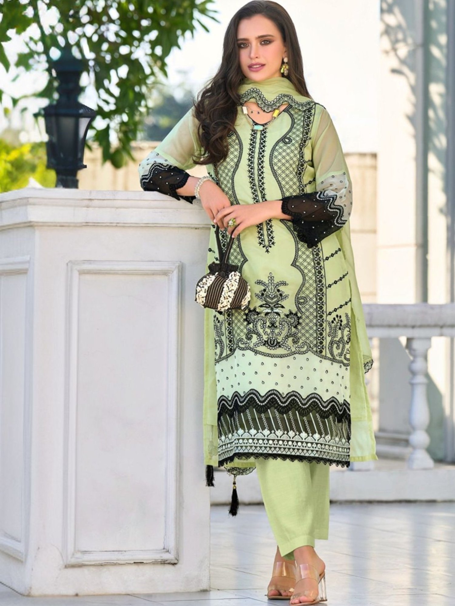 Autumnlane Black Neelima Mint Full Embroidered Heavy Pakistani Kurta with Pant and Dupatta