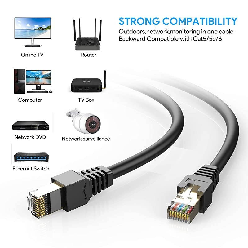 Cable 330ft Cat7Outdoor Shielded Grounded UV Resistant Waterproof Buriedable Network Cord for Router Modem Gaming Xbox POE PS3 PS4