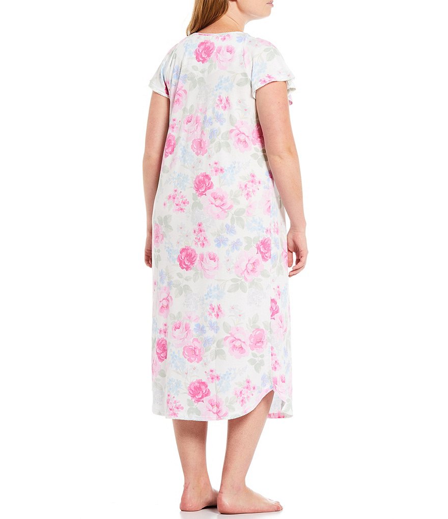 Miss Elaine Plus Size Cottonessa Floral Print Knit Long Nightgown
