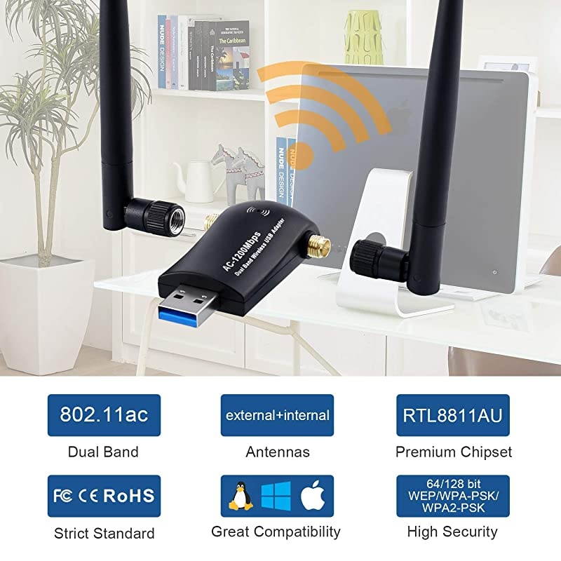 USB WiFi Adapter 1200Mbps USB 30 Network WiFi Dongle High Gain with 2 X 5dBi Antennas for PCDesktopLaptopMac Supports Windows 108817 1