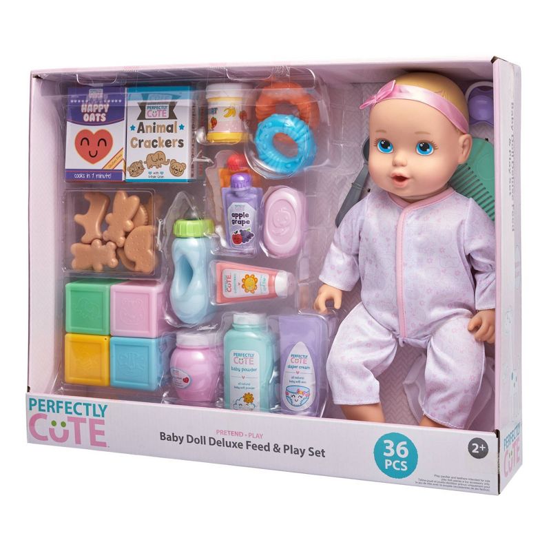 Perfectly Cute Baby Doll Deluxe 36pc Feed & Play Set - Blonde with Blue Eyes