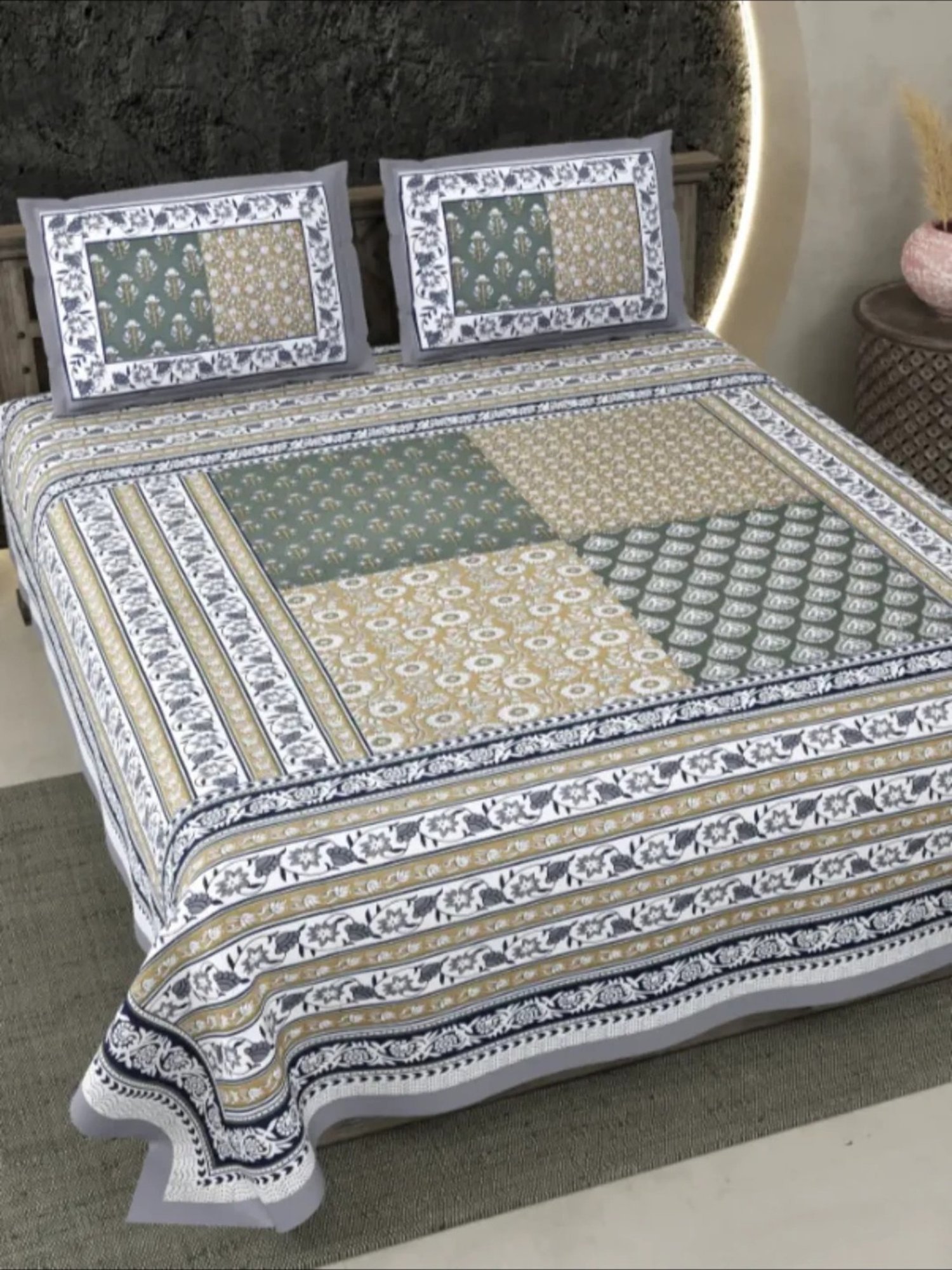 Living Roots Floral Grey 300 TC Cotton Bedsheet with 2 Pillow Covers