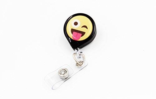 Key-Bak Mini-Bak Emoji Retractable Reel with 36-Inch Nylon Cord, Steel Belt Clip and Vinyl ID Strap (Emoji - Face with Wink, Black)
